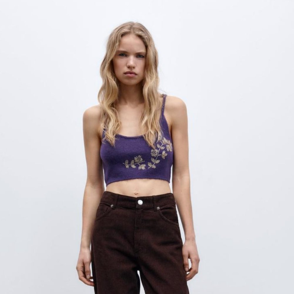 NWT Zara Purple Knit Crop Tank Top with Floral Beading in Front